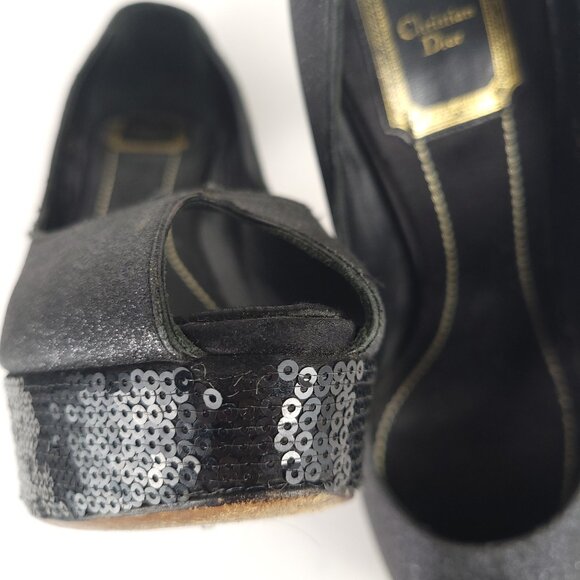 CHRISTIAN DIOR Heels 38.5 Gray Glitter Black Sequin Peep Toe Platform *FLAWS* - Picture 10 of 16